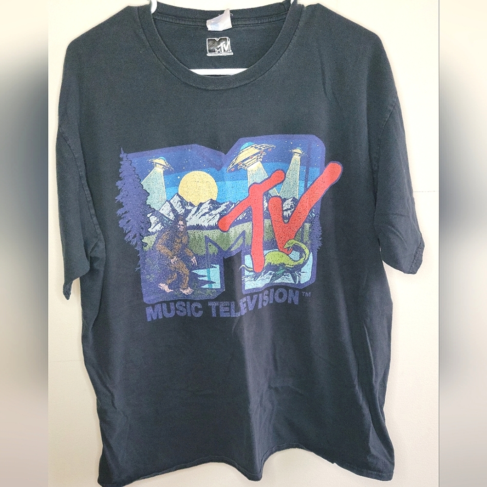 MTV Black Tee with Red Logo and Multicolor Scenic Graphic